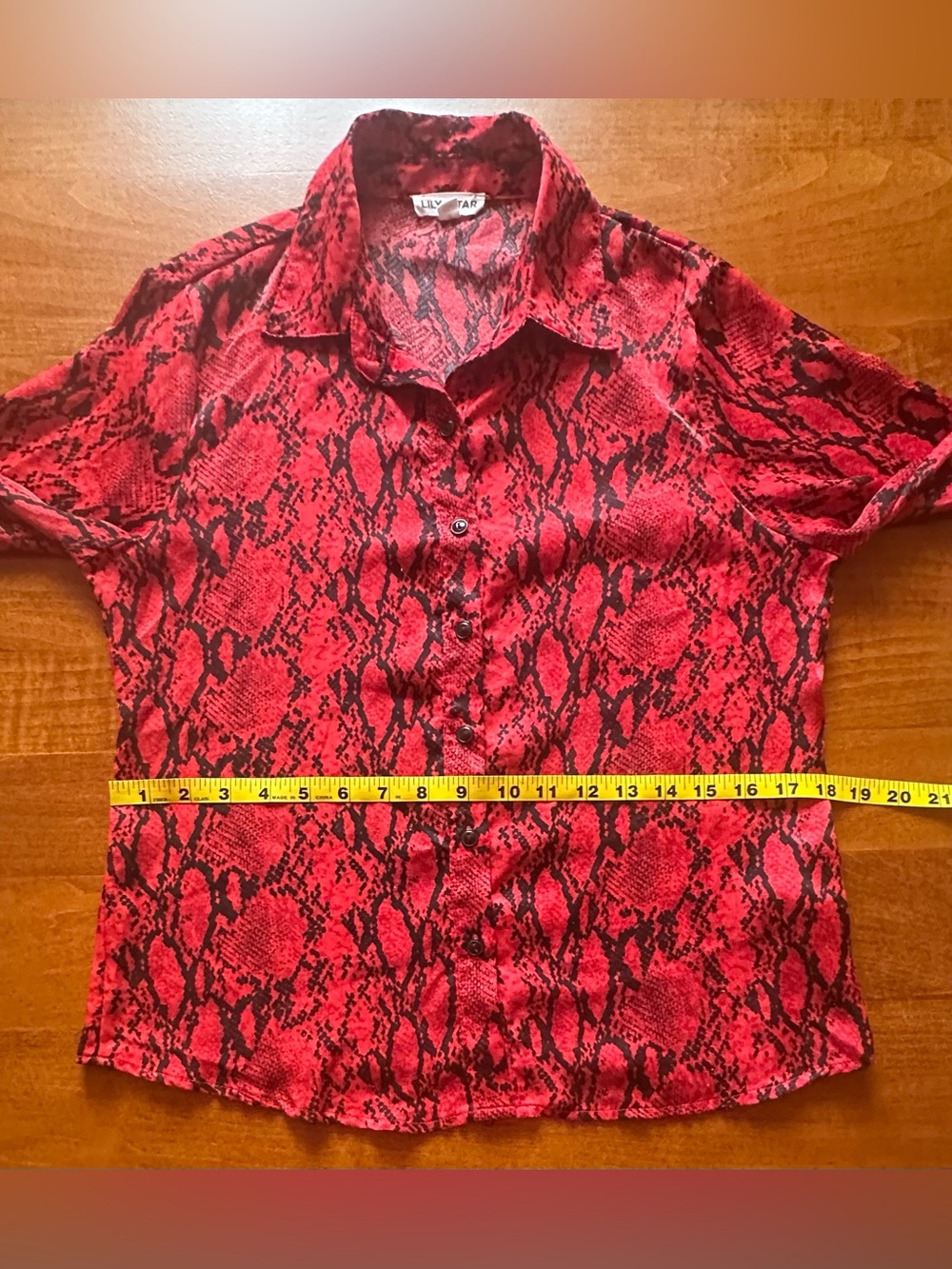 Lily Star•snake print long-sleeve button-down blouse•small•polyester•red & black - Picture 10 of 16